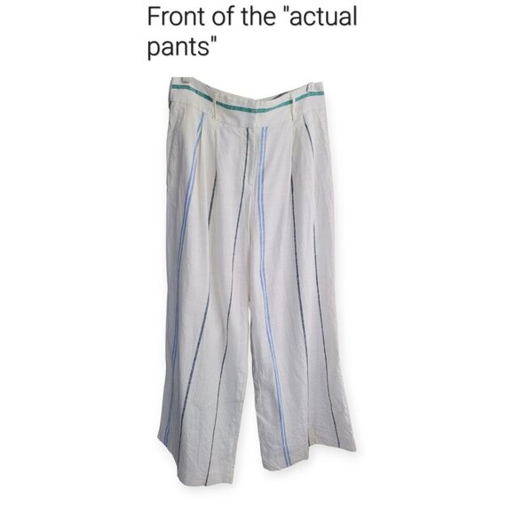 Ann Taylor Cream Blue Green Striped Wide-Leg Linen-Blend Pants Size 12 - Picture 2 of 15